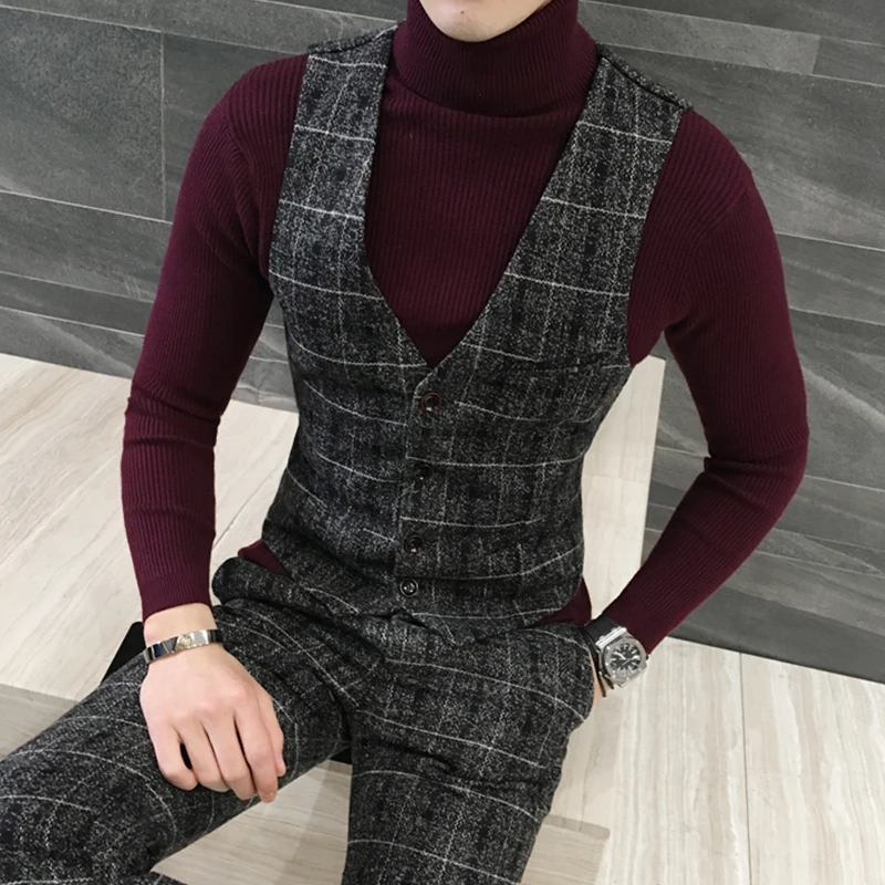 

Fine cotton Fashion high-quality goods Men's grid formal wedding dress waistcoat suit vest Male Thick grid business suit vests