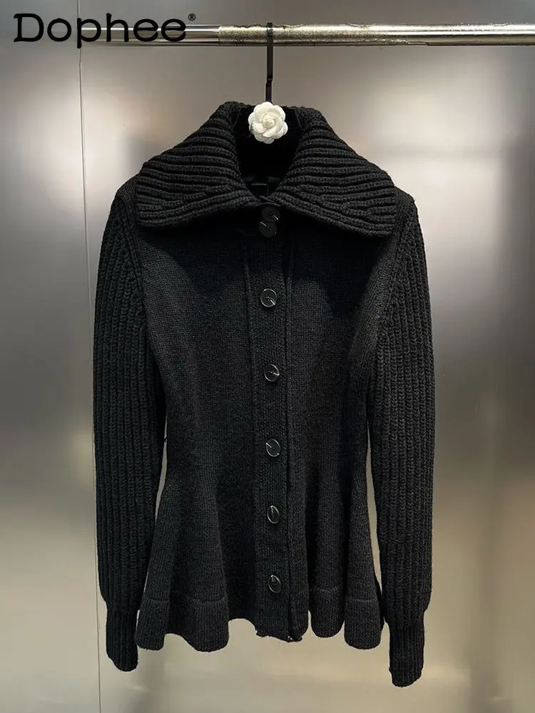 2023 Spring Fashion Ruffle Lapel Knitted Sweater Women's Slim Single Breasted Simple Long Sleeve Cardigan Female