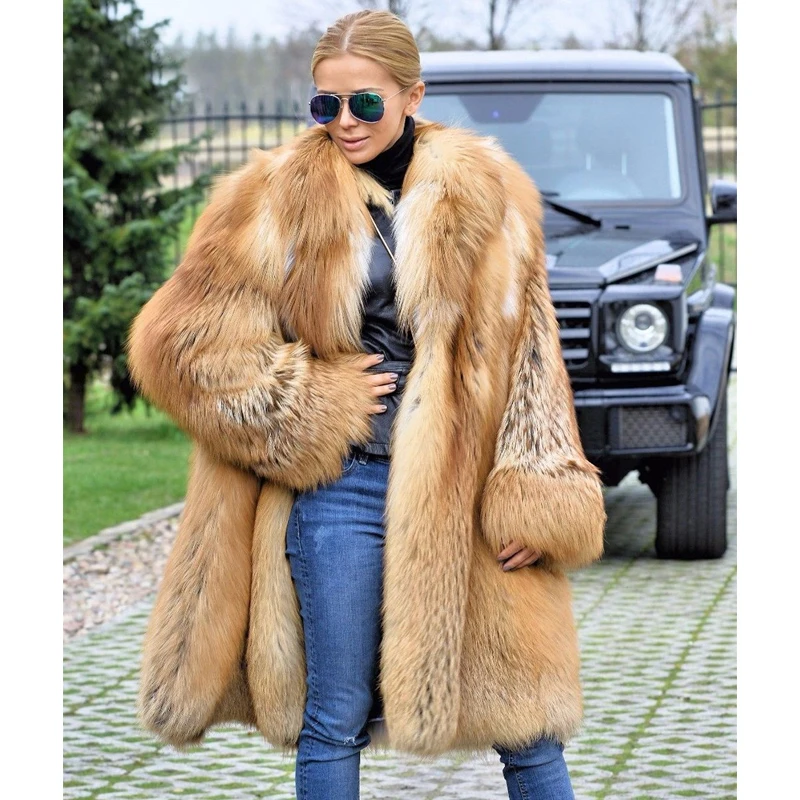 Winter Real Red Fox Fur Coat 90cm Long Thick Warm Luxury Overcoat Women Genuine Whole Skin Fox Fur Coats With Fur Collar