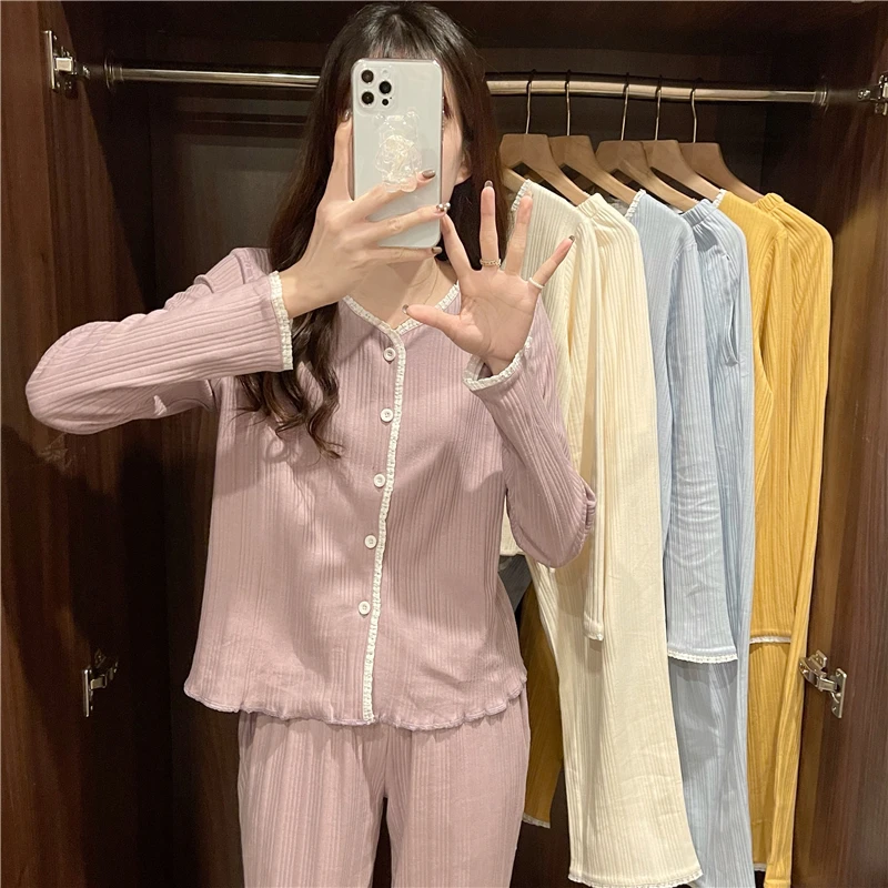 

Spring and autumn new double-length ladies pajamas pit strip combed cotton lace purple 2-piece set of simple casual home wear