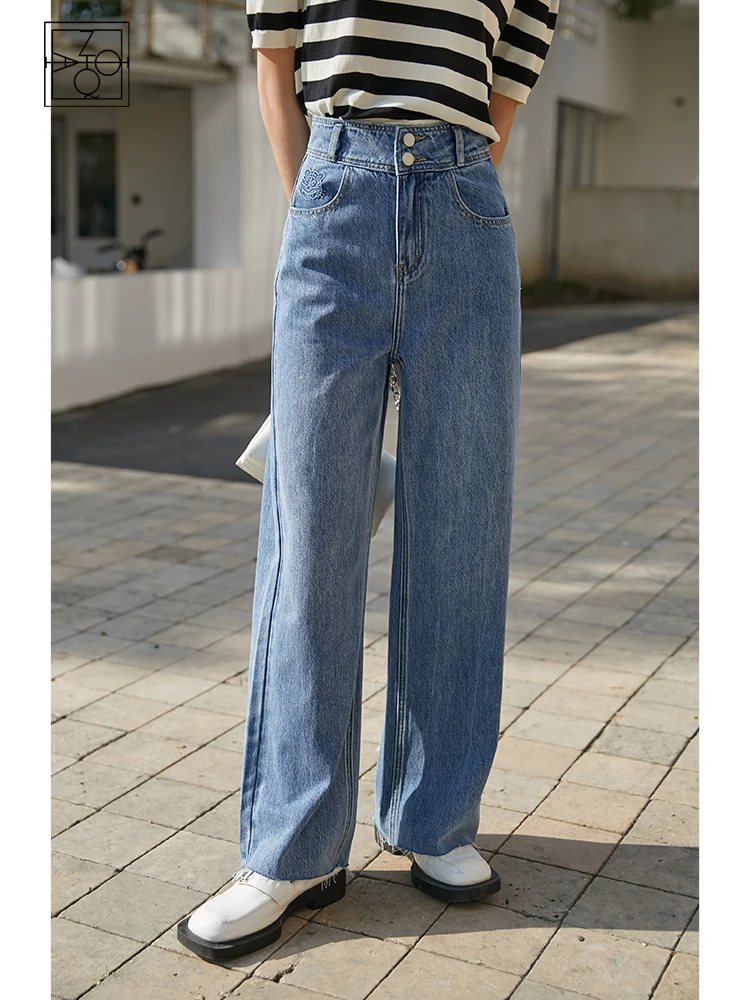 

ZIQIAO Year of the Tiger Limited High Waist Denim Wide Leg Pants Office Lady Summer New Thin Drape Mopping Jeans Cotton Pant