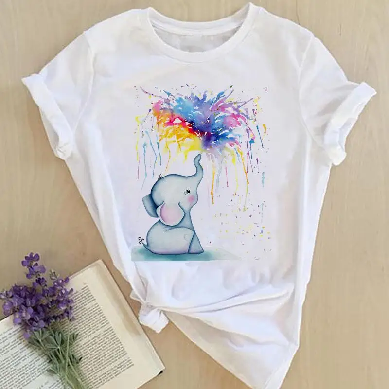 

Футболка женская с коротким рукавом, модная тенниска с принтом слона, акварель, топ в стиле 90-х, одежда с графическим принтом, на лето