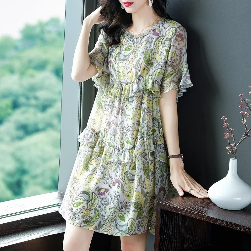 

Женское шелковое платье с коротким рукавом, Элегантное летнее платье из натурального шелка с цветочным принтом, 100%
