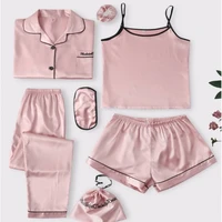 pink solid 5 pieces women pajamas set faux silk printing sleepwear casual spring summer nightwear female pyjamas