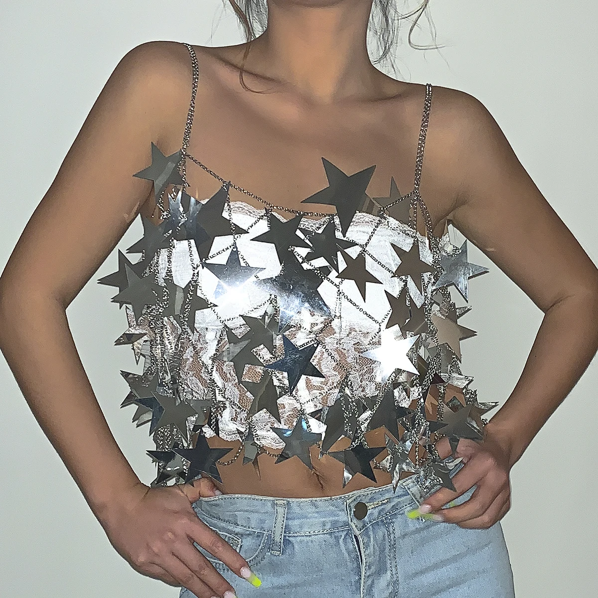 

Sexy Top And Skirt Star Sexy Chain Body Silver Color Clubwear Jewelry Women Paillettes Crop Top Sequined Skirt Dress Nightclub