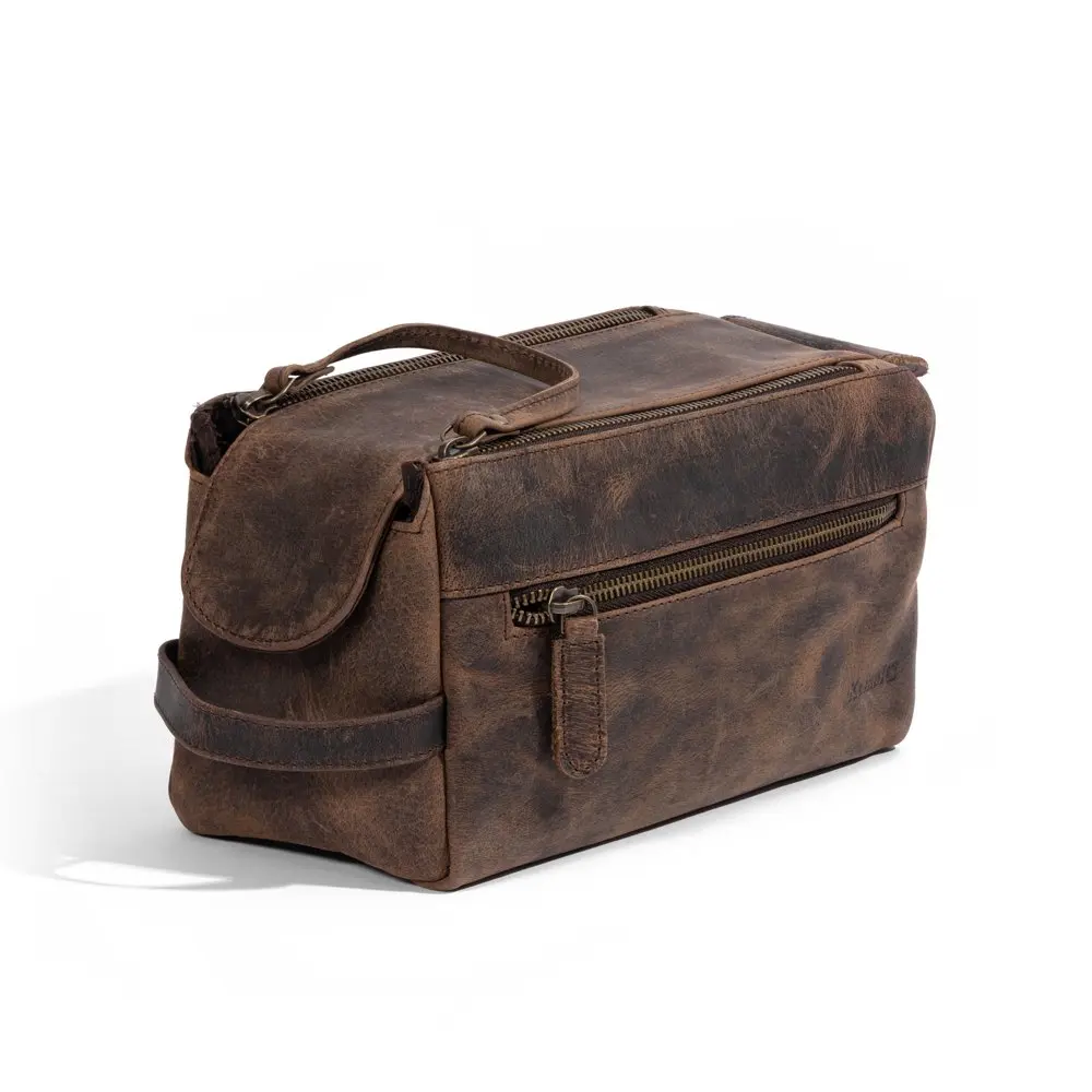KOMALC Genuine  Leather  Toiletry Bag Travel  Kit (Distressed Tan)