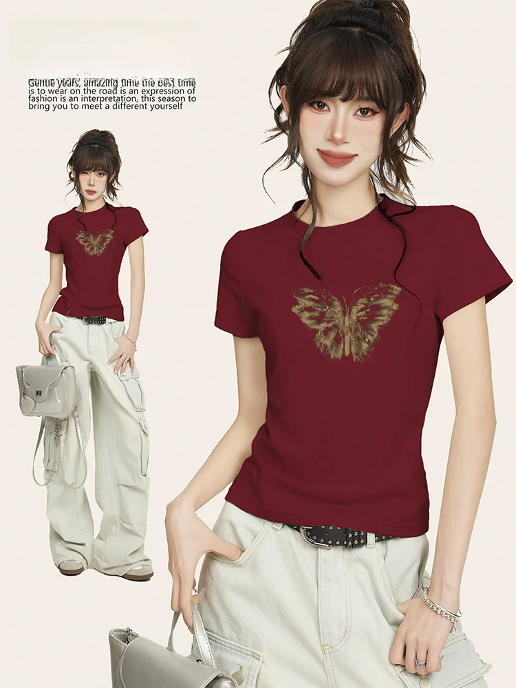 Винно-красная женская футболка с коротким рукавом и плечами Летний американский