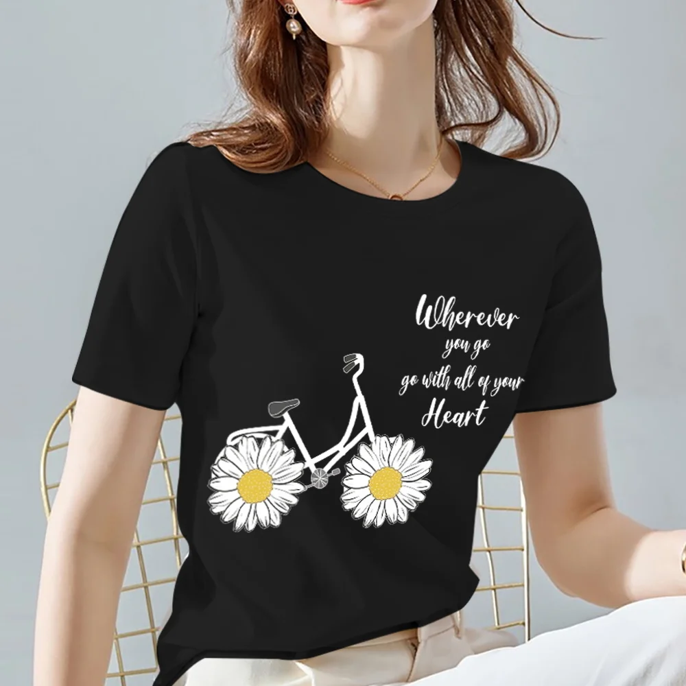 

Summer Women's T-shirt Black Classic Female Tops Fashion Daisy Pattern Print Series O-neck Lady Short Sleeve Tees Women Clothes