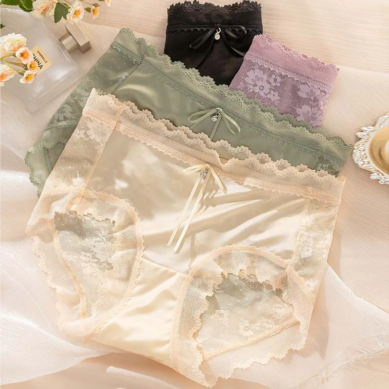 

Roseheart Women Green Pink Cotton Bottom Mid Waist Lace Panties Bow One-Piece Underwear Lingerie Women Briefs M L XL Underpants