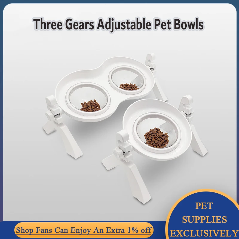 

Double Dog Bowls with Stand Cat Feeder Kitty Water Food Tray With Liftable Bracket Puppy Kitten Feeding Drinking Station Plates