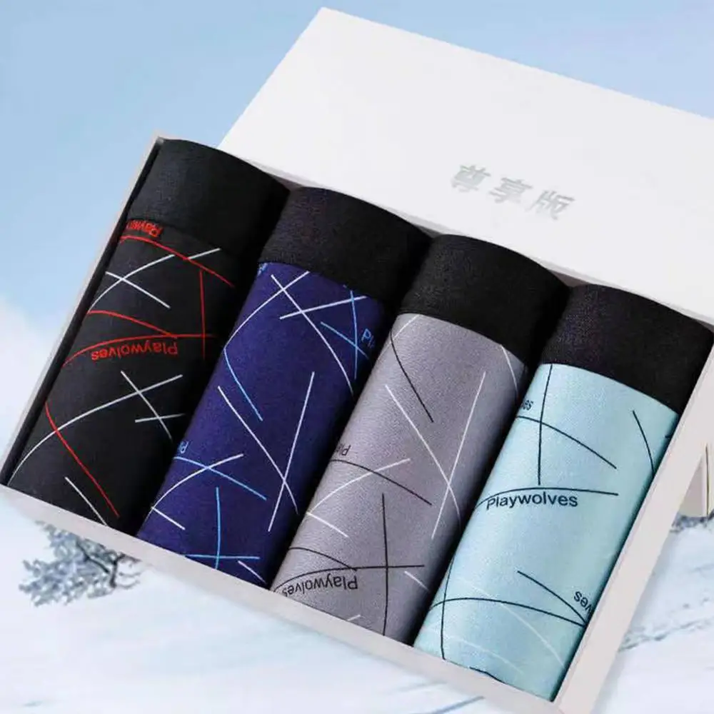4pcs Boxer Shorts Men's Panties  Cotton Trendy Boxer Shorts Personality Loose Breathable UnderwearSexy  Set Calecon Lot Soft Box