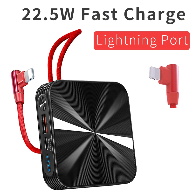 

10000mAh Small Size Power Bank With Built-in Lightning Port Cable PD 20W QC 22.5W Quick Charge Mobile Power Spare Battery