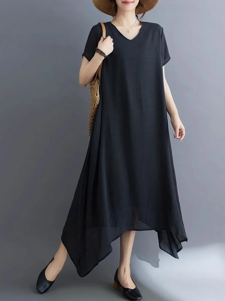 Летнее асимметричное платье-трапеция #3942 свободное тонкое однотонное пляжное