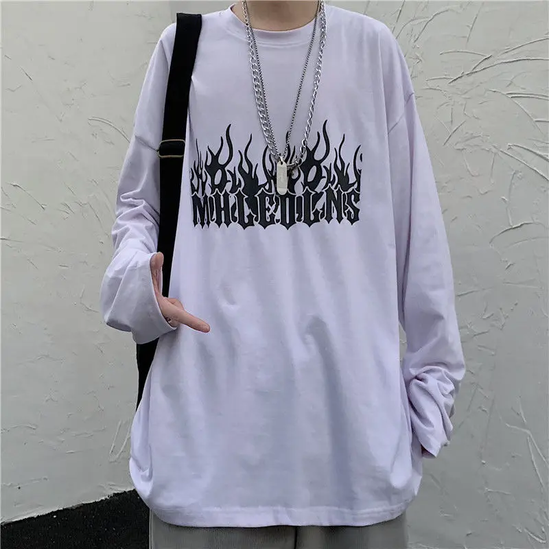 

Long-sleeved Men's T-shirt 2022 Spring and Autumn Retro Dark Flame Letters Loose Bottoming Long-sleeved T-shirt Men's Top