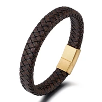 simple design handmade leather bracelet for man punk style titanium steel magnet clasp hand woven bracelet jewelry wholesale