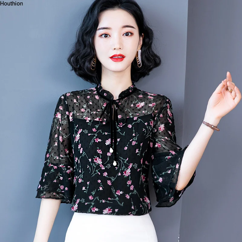 

Chiffon Women's Blouse Short Sleeve Top Casual Summer New Printing Shirt Lotus Leaf Collar Bow Fashion Female Clothing