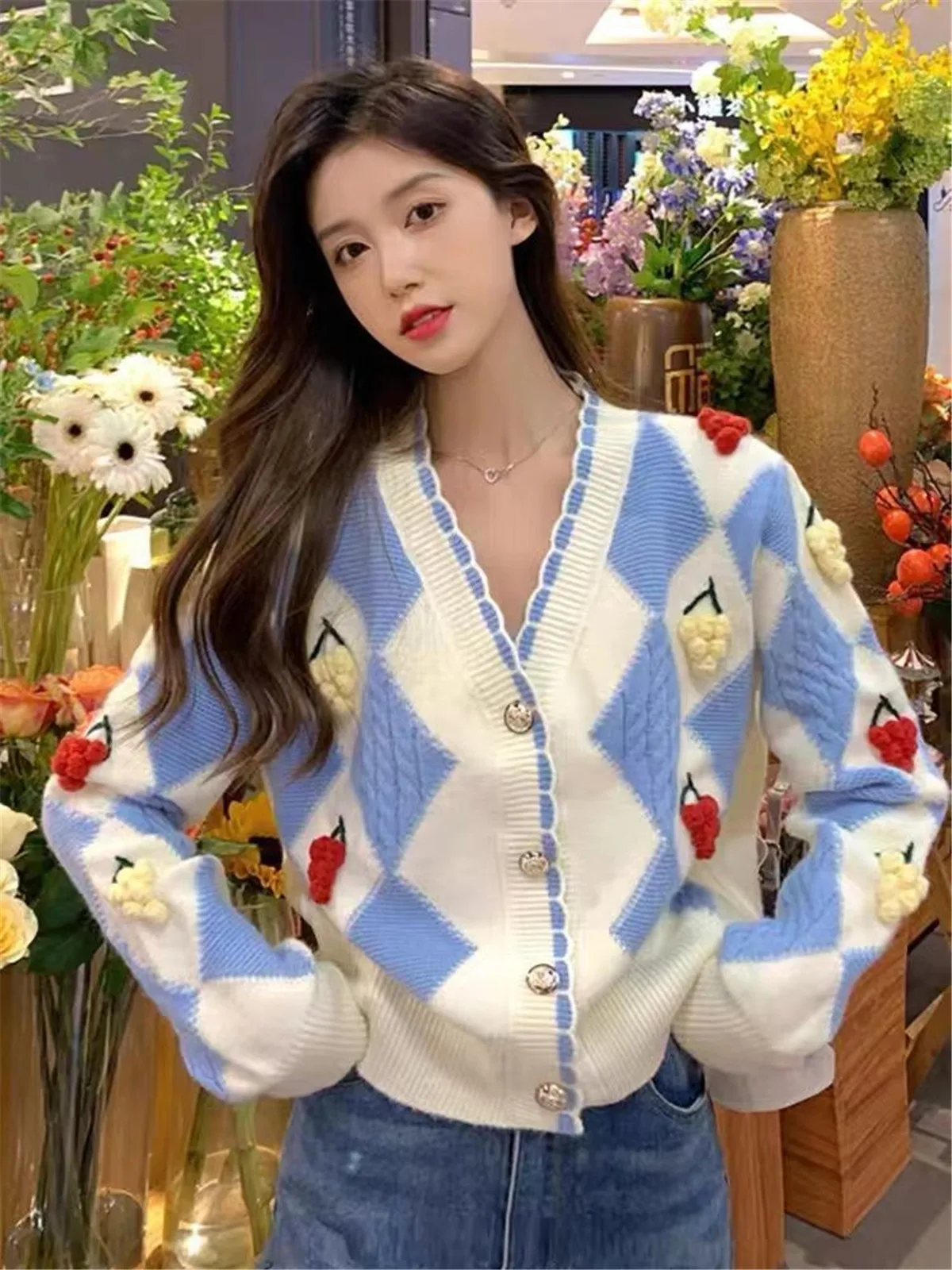 

Весенний вязаный кардиган с фруктами для девочек, свитер в стиле Харадзюку, Нежный свитер на пуговицах, женские зимние милые топы с длинным ...
