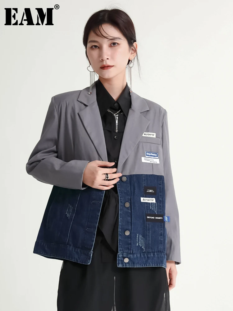 

[EAM] Women Gray Denim Spliced Casual Blazer New Lapel Long Sleeve Loose Fit Jacket Fashion Tide Spring Autumn 2022 1DF1301