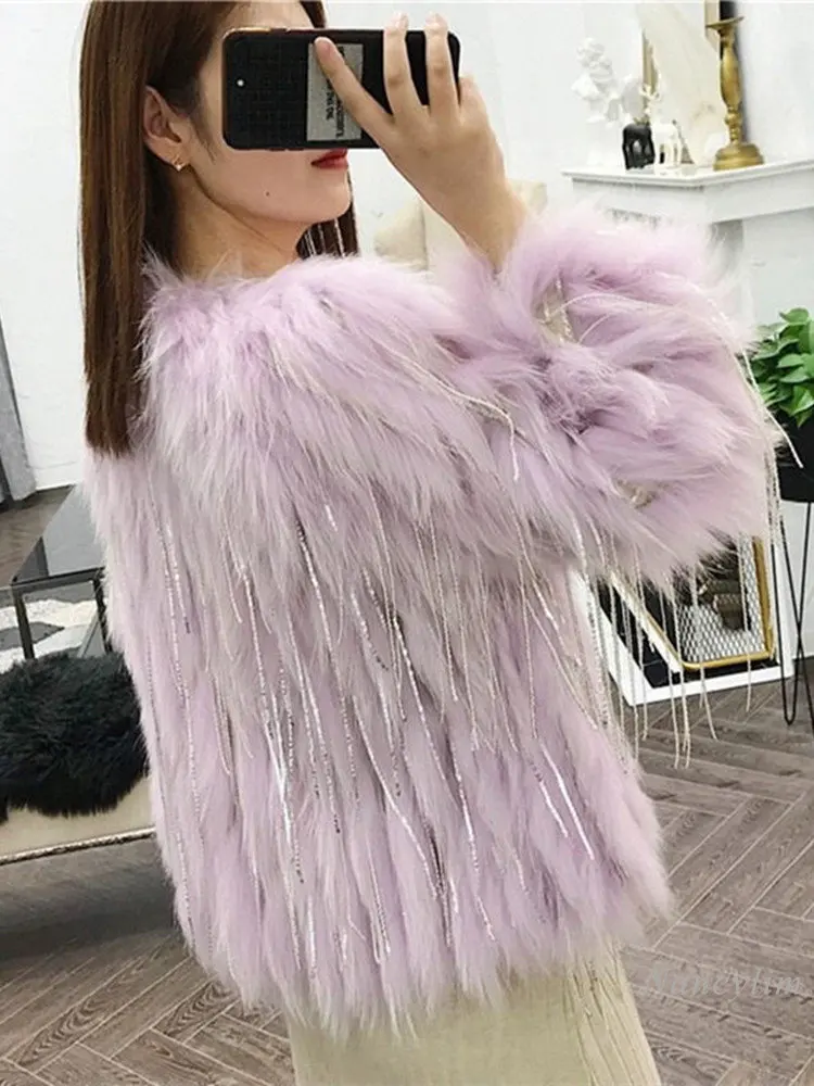 2022 Winter Korean Style Faux Fox Fur Coat Women New Short Woven Sequined Tassel Fashion Purple Imitation Raccoon Fur Overcoat