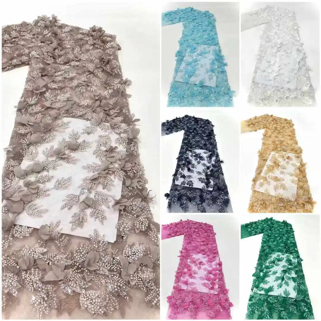 Африканские кружевные ткани с 3D блестками и бисером 2024 Высококачественная