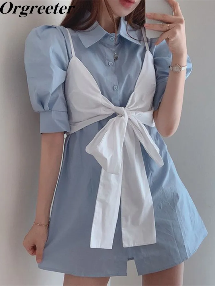 

Платье-рубашка женское повседневное, свободное мини-платье с коротким рукавом-фонариком и кофта с бантом на бретельках, комплект из двух пр...