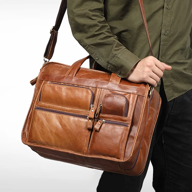 Casual Vintage Leather Men's Briefcase 15.6 "Business Handbag One Shoulder Crossbody bag cowhide Men's bag