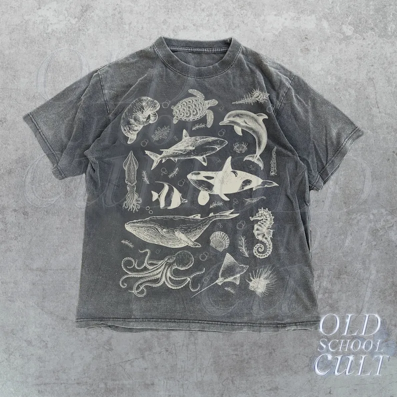 Винтажная футболка в стиле 90-х с татуировкой морских животных ретро-футболка