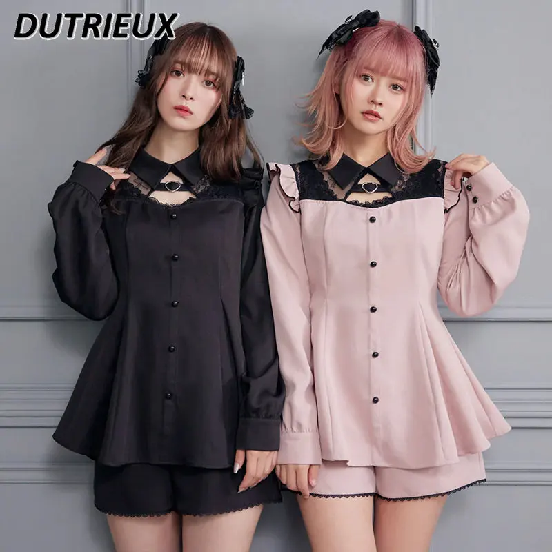

Japanese Style Lace Stitching Long-Sleeved Top Waist slimming Lolita Shirt + Shorts Suit Mine Series Sweet Girl Two-Piece Set