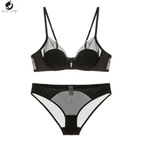 flame of dream summer new french thin deep v splicing mesh underwear soft steel ring sexy gathered set bra 221772