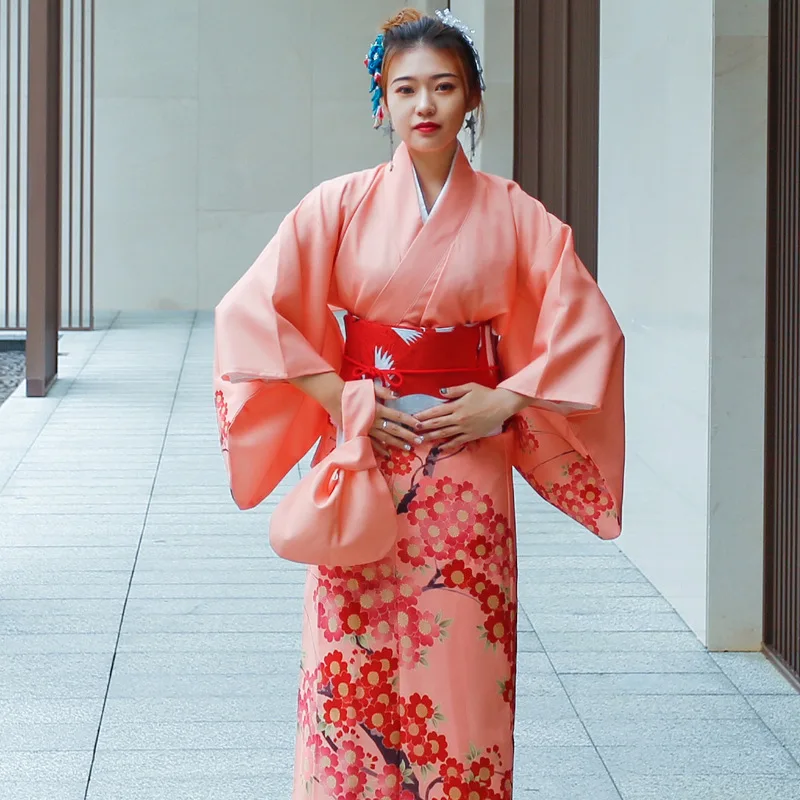 

Japanese Traditional Komon Kimono Women Vintage Evening Dress Geisha Yakata Stage Show Cherry Blossom Festival Clothing Spring