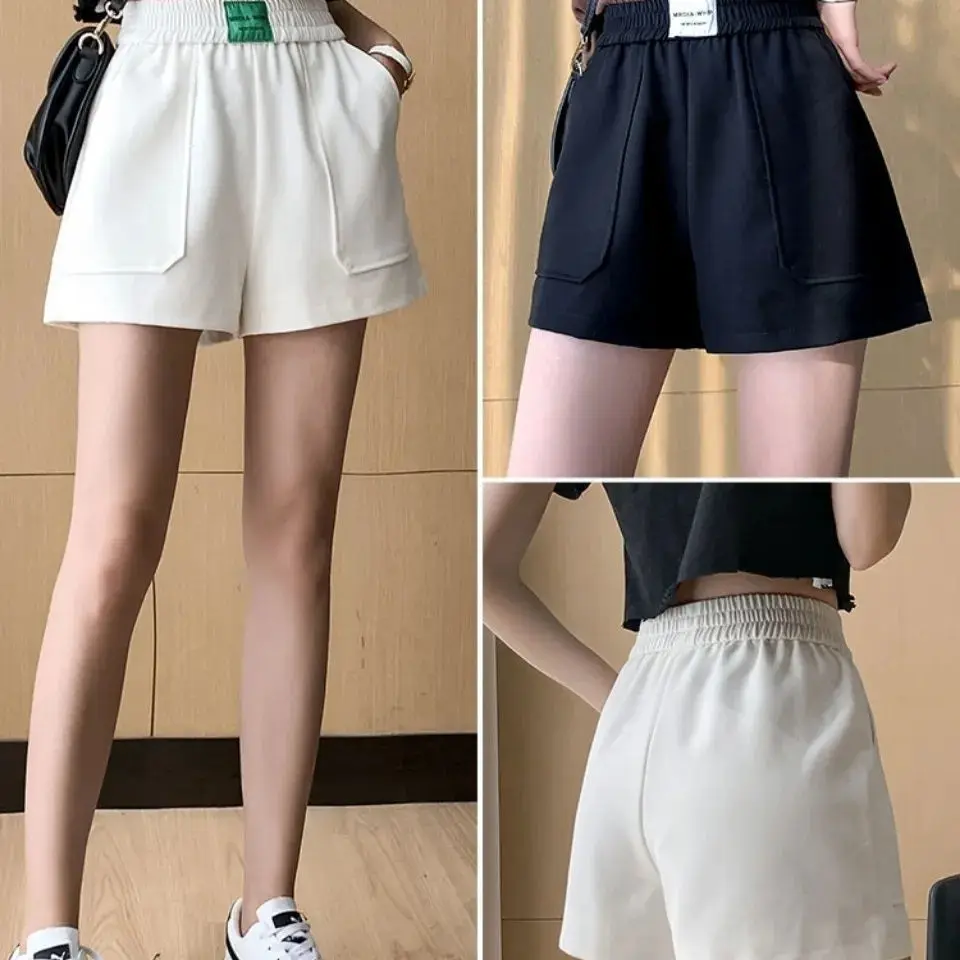 Women's Shorts With Pocket Summer Cotton Pure Color High Waist Hot Pants Casual Loose Sports Pants Elastic Waist Cycling Shorts