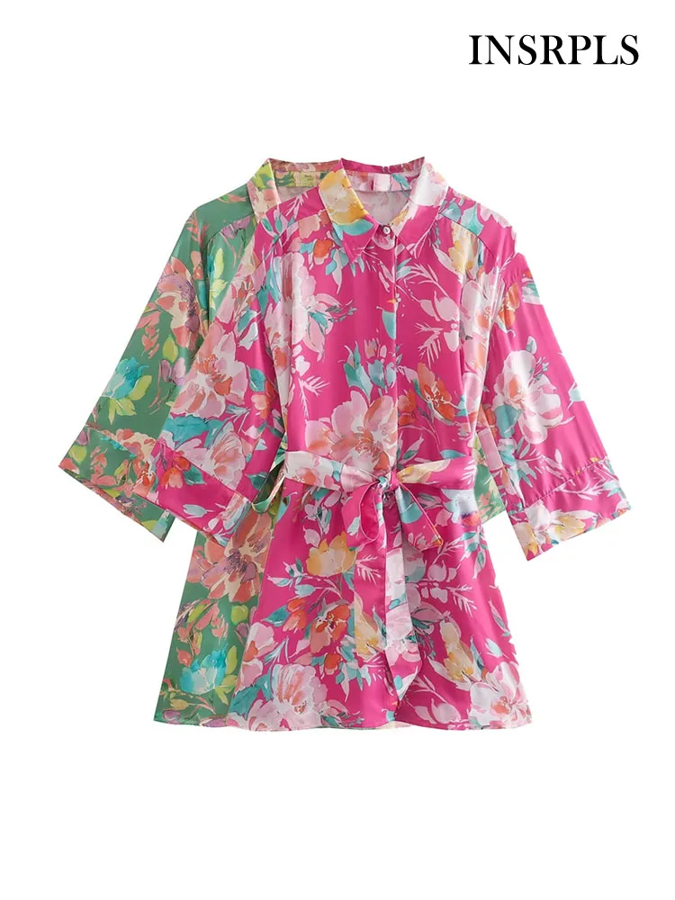 

INSRPLS Women Fashion With Belt Printed Mini Shirt Dress Vintage Three Quarter Sleeves Front Buttons Female Dresses Vestidos