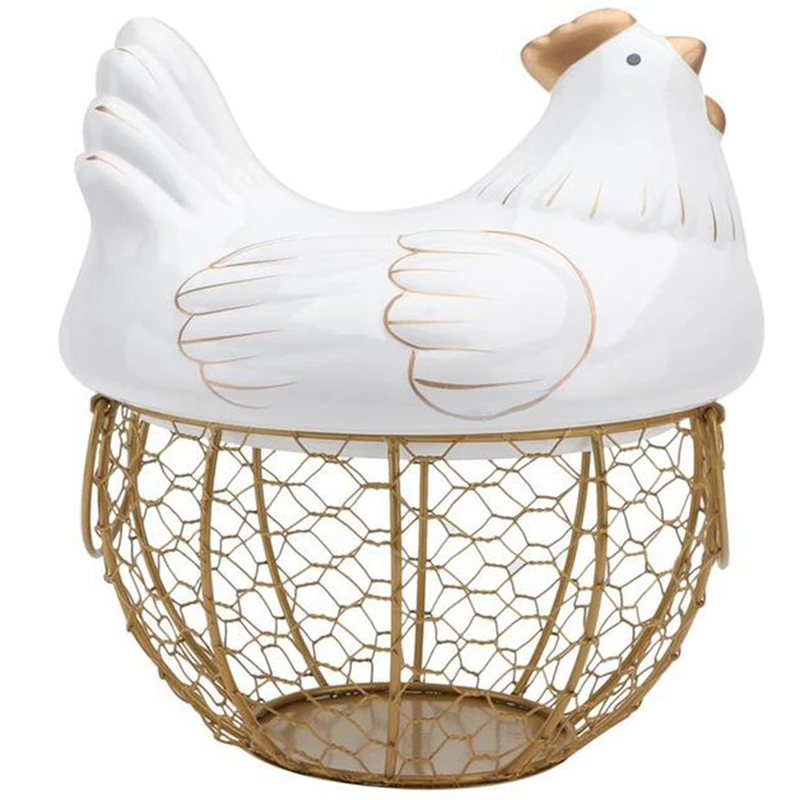 

Promotion! Ceramic Iron Chicken Egg Basket Holder Snack Fruit Sundries Storage Box Hen Ornaments Container Organizer Rack