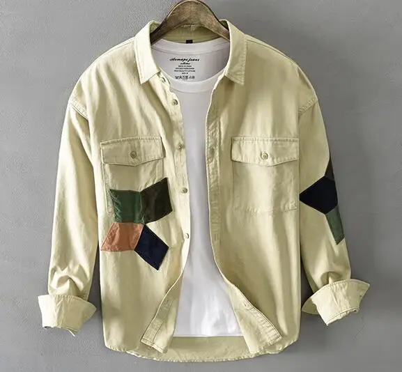 Men Shirts Personalized Stitching Casual Cotton Shirts Men's Youth Cotton Patches Long Sleeve Loose Shirts