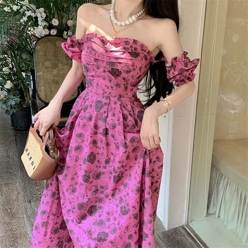 

Summer Vintage Cotton Printing Slip Maxi Dress 2023 New Fashion Evening Party Women Elegant Vestidos Short Puff Sleeves Dresses