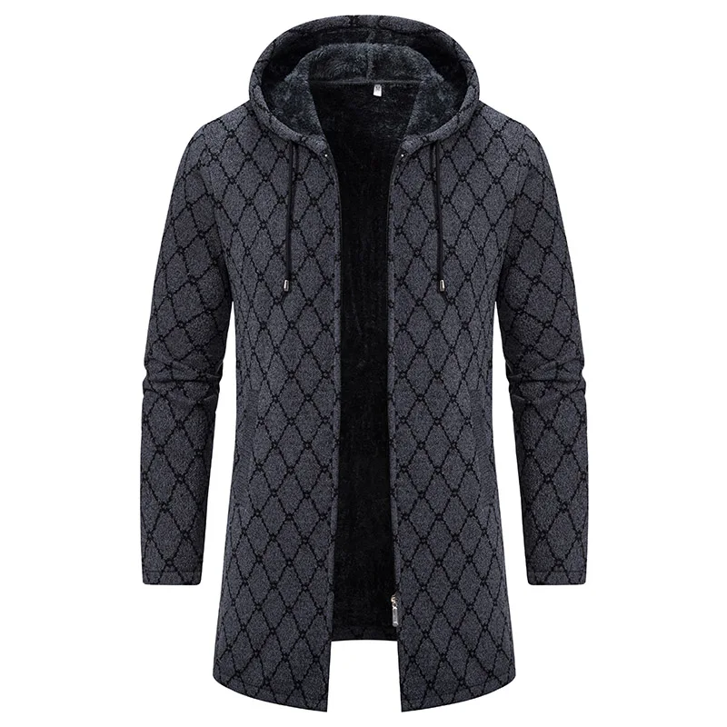 Мужской длинный кардиган с капюшоном вязаный свитер пальто 2024 зимняя теплая