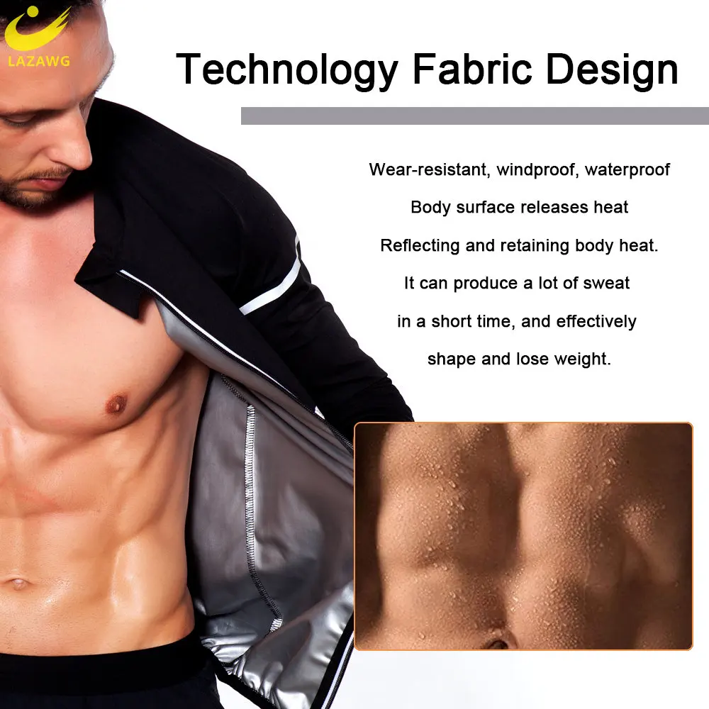 LAZAWG Men Sauna Jacket for Slimming Long Sleeve Sweat Top Full Body Weight Loss Body Shaper Zipper Sportwear Fitness Gym