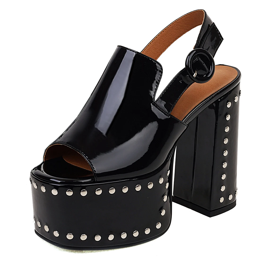 

Patent Leather High Heels Rivets Studded Sandals Women Block Heel Slingback Peep Toe Platform Sandles Summer Punk Style Shoes