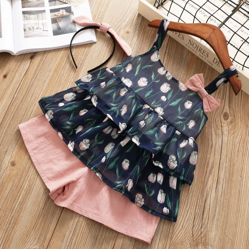 

2022 Summer Girls' Clothes Suit Layered Chiffon Flower Printed Sling Bow Tops and Shorts 2PCS Suit Baby Kids Clothing Set Outfit
