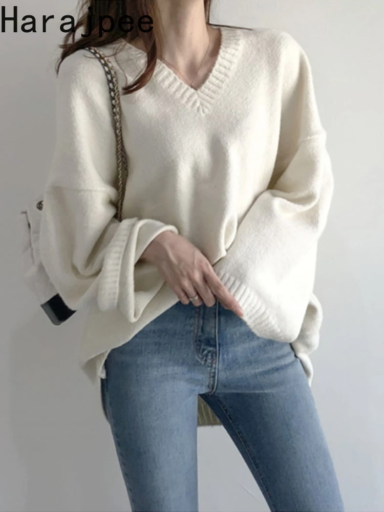 

Harajpee Korean Fashion V-Neck Pullover Knitwear Women Autumn Winter New Loose Casual All-Match Outer Wear Top Sweater Coat