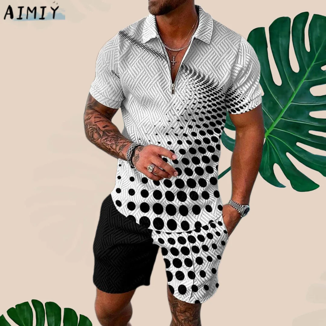 Men's Polo Suit Summer New Fashion Men Sets Printed Short Sleeve Zipper Polo Shirt&Shorts Set for Men Casual Streetwear 2-piece