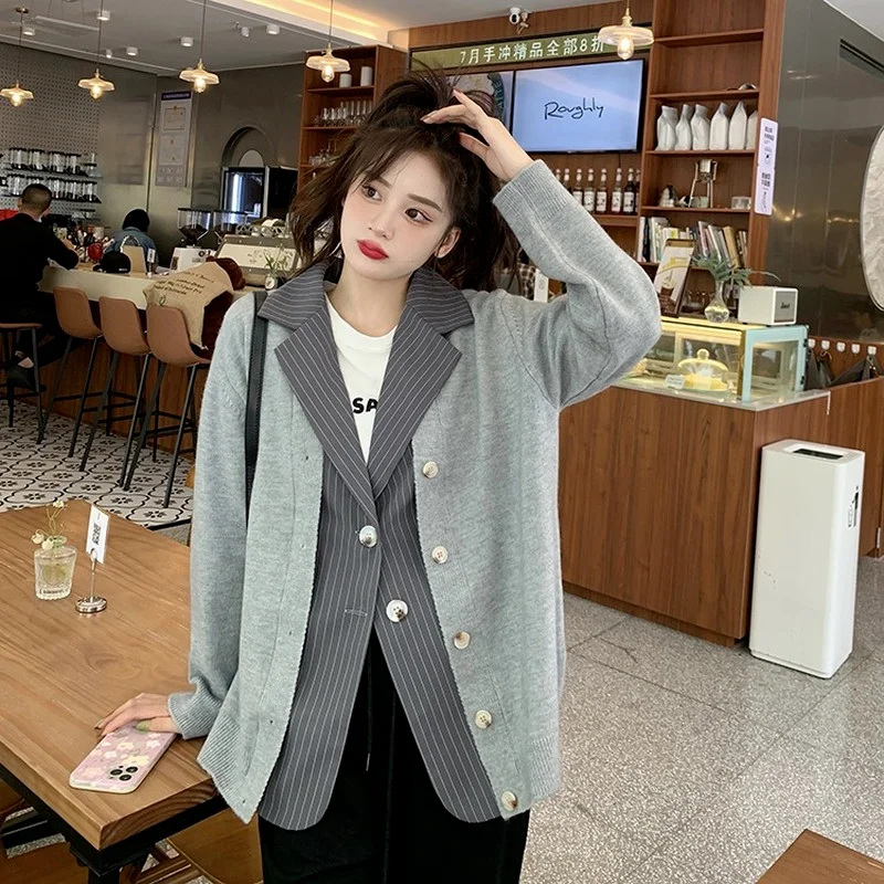 

Women Fake Two Piece Sweater Coat Cardigans Autumn Winter Chic Loose Casual Knitted Sweater Unique Desige Leisure Commute Jacket