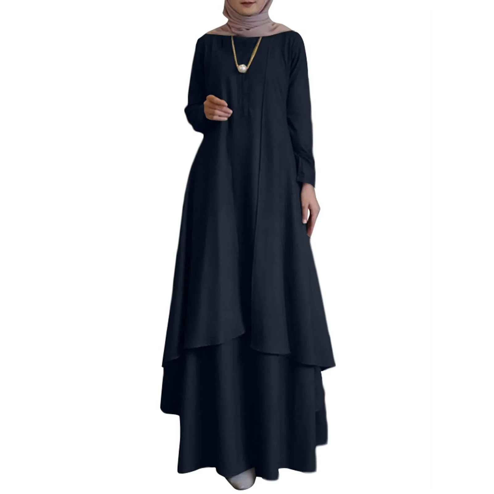 

Women Muslim Full Sleeve O-Neck Ruffle Hem Solid Holiday Maxi Dress Abaya Burkini Femme Musulmane Khimar فساتين للحفلات الراقصة