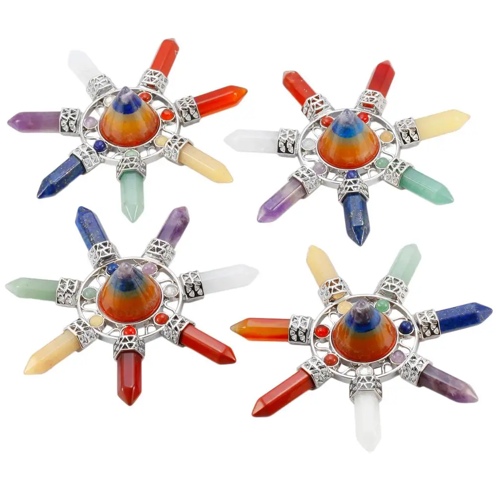 Natural Stone 7 Chakra Hexagonal Prism Ruched Energy Cone Pyramid Reiki Healing Crystal Stone Transmitter Jewelry Decoration