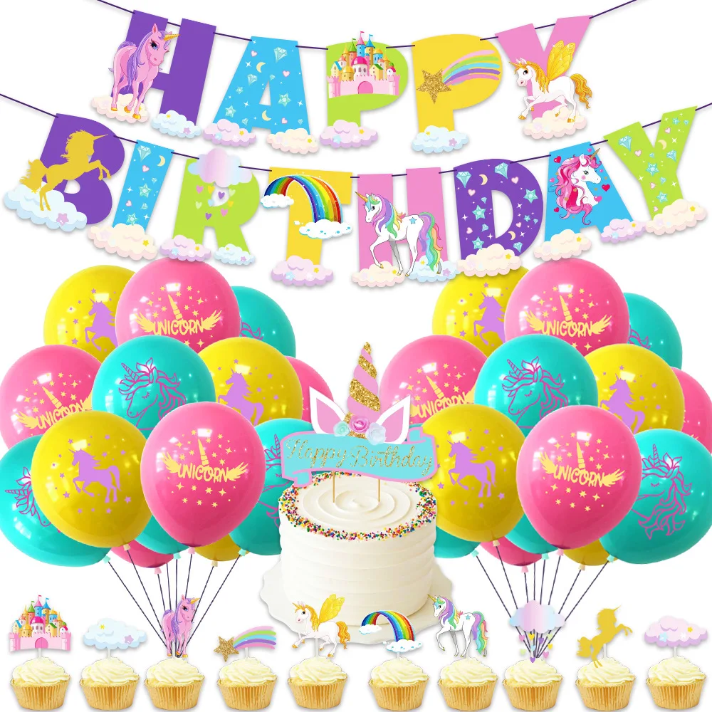 

SURSURPIRSE Unicorn Theme Pink Yellow Blue Printed Latex Balloon Banner Cupcake Topper for Birthday Party Baby Shower Supplies