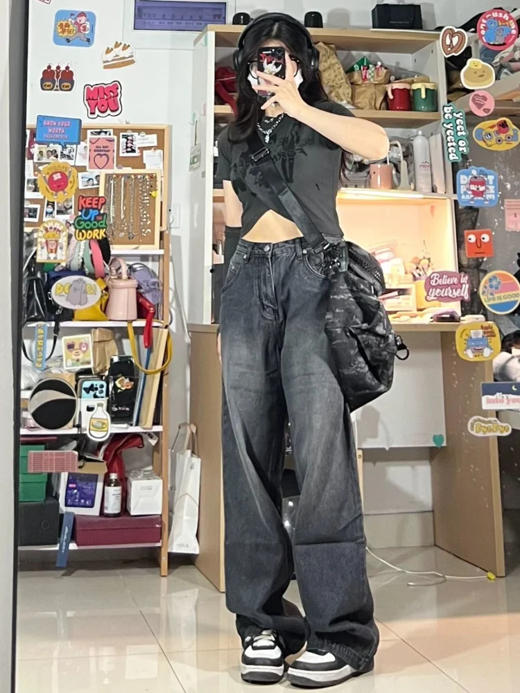 

Vintage Black Jeans Women Baggy Y2K High Waiste Jeans Wide Leg Denim Trousers Korean Streetwear Retro Grunge Oversized