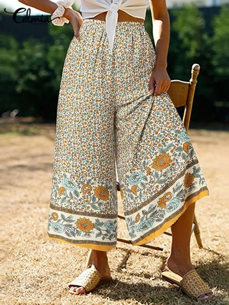 

Women Pockets Wide Leg Pants Celmia Bohemian Floral Print Long Trousers Summer Casual Loose Elastic Waist Holiday Pantalon Mujer