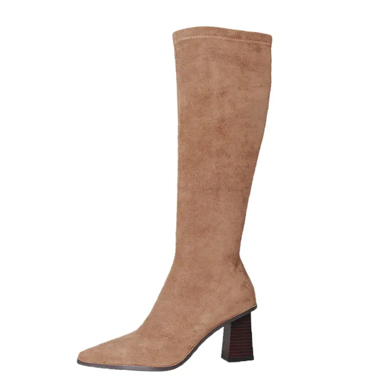 

2023 New Genuine Leather Women Knee High Boots Concise Autumn Winter Thick Heels Shoes Woman Western Long Boots Size 33-43