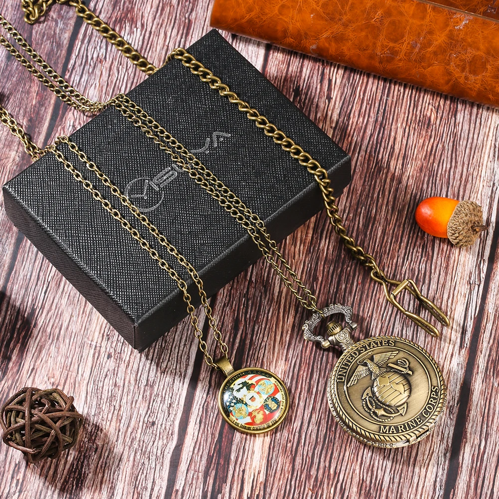 Bronze Vintage Pocket Watch U.S. Veterans Memorial Collection Gifts Set for Men Pedent Necklace Pocket Watch Fob Chain Clock