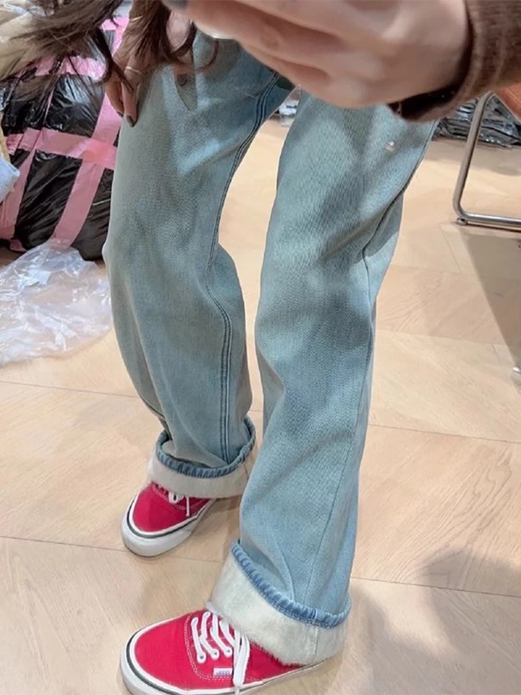 Зимние широкие джинсы с бархатной подкладкой и высокой талией теплые мешковатые